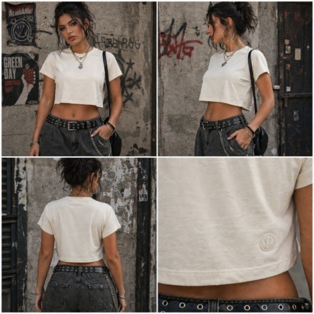 Lululemon Cates Cropped Tee Bone Cream SS Pima Cotton Boxy Tee Womens 6 Y2k